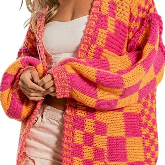 Sweaters - Vintage Checkered Cardigan Sweater Chunky Knit Oversized Y2K Retro Style